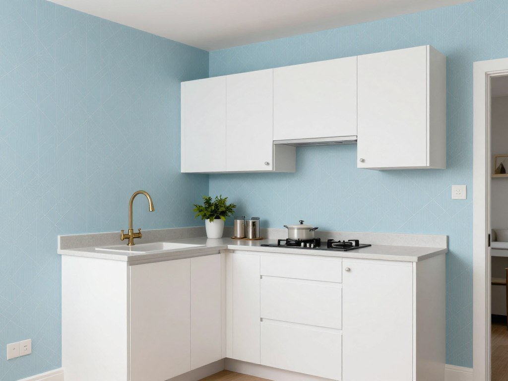 rental kitchen with removable light blue wallpaper accent wall