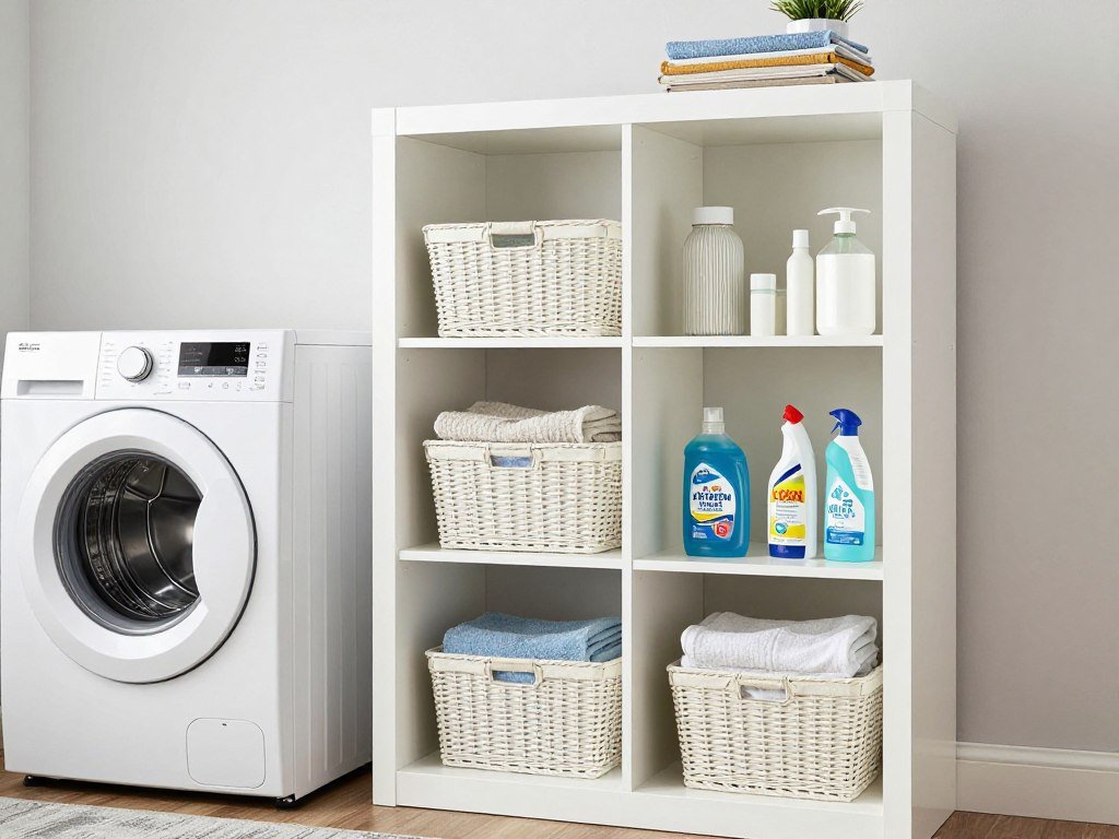 repurposed bookshelf used for laundry room storage