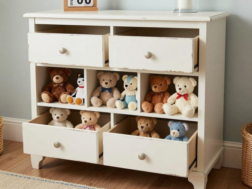 repurposed dresser without drawers holding stuffed animals