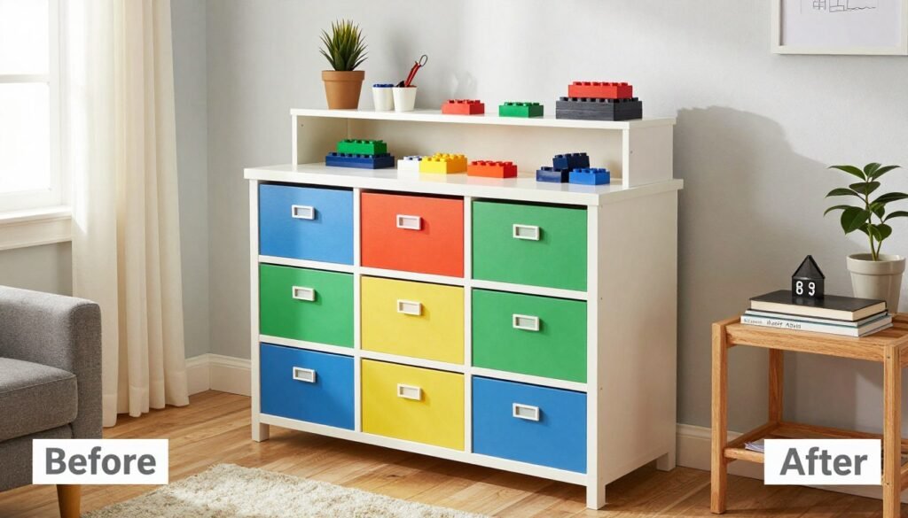 repurposed furniture converted into lego storage system