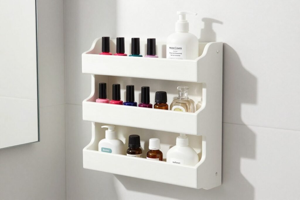 repurposed spice rack holding bathroom products on wall