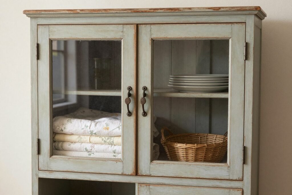 repurposed vintage cabinet as laundry room storage