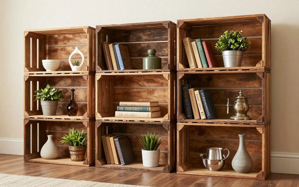 repurposed vintage crates stacked as rustic book storage shelving unit