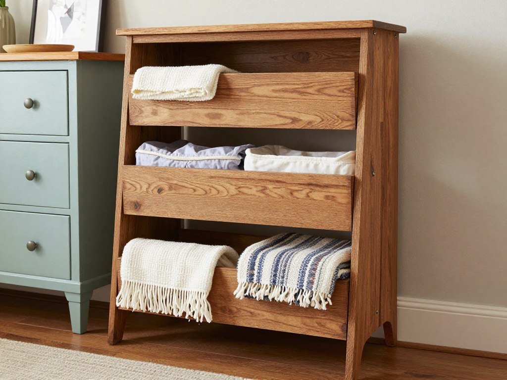 repurposed vintage furniture serving as bedroom storage