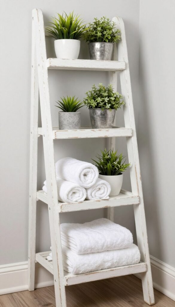 repurposed vintage ladder bathroom storage