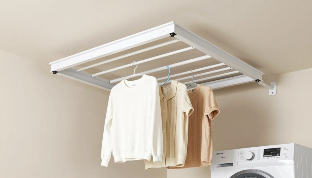 retractable ceiling drying rack above top load washer in compact laundry room