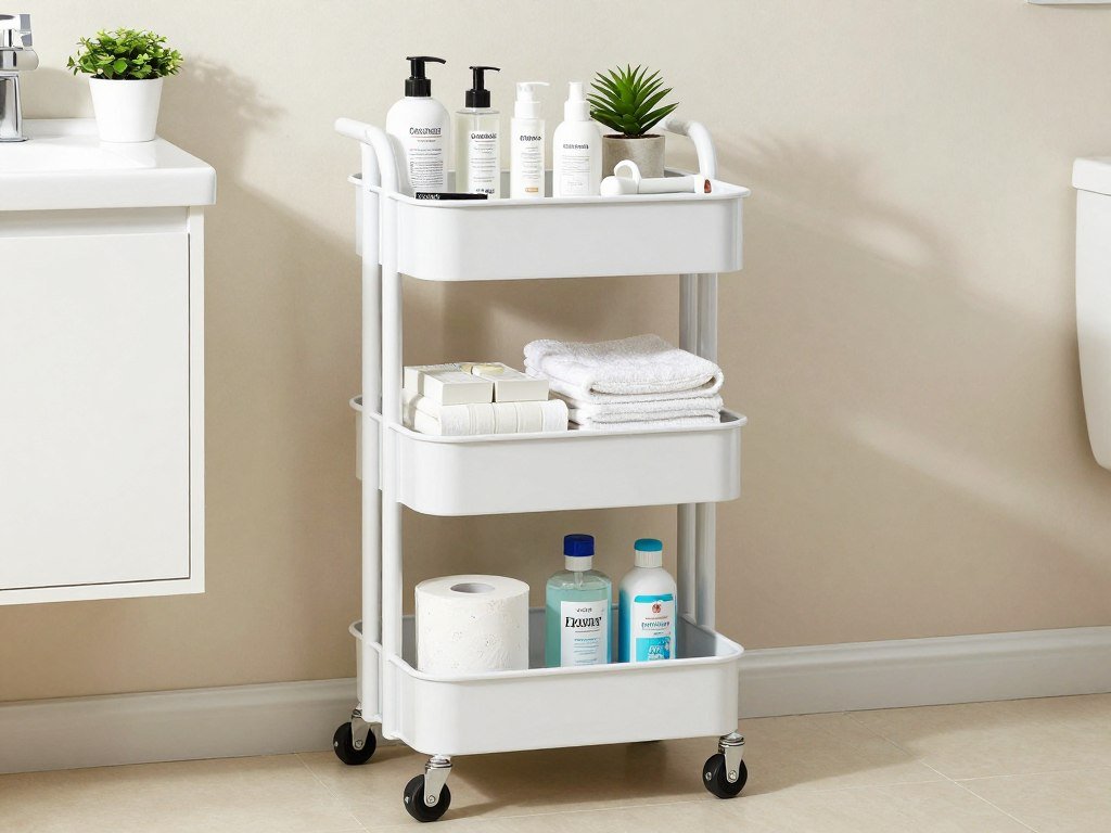 rolling bathroom storage cart with organized supplies