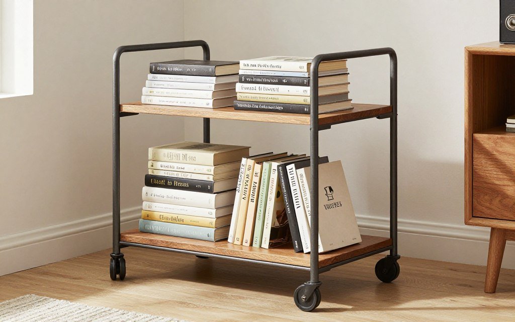 rolling book cart providing mobile storage in home office space