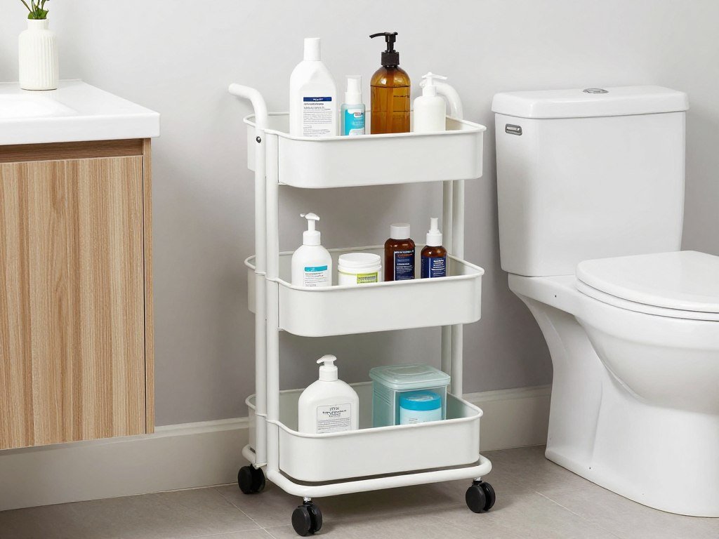 rolling cart next to toilet for storage