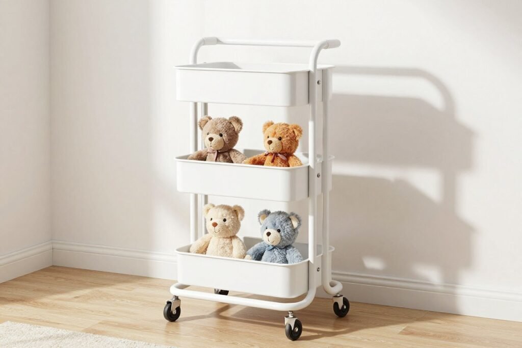 rolling cart with multiple tiers holding stuffed animals