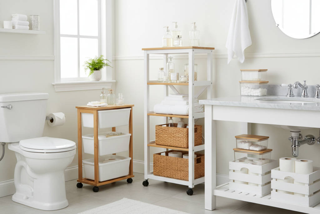 rolling carts and freestanding bathroom organizers