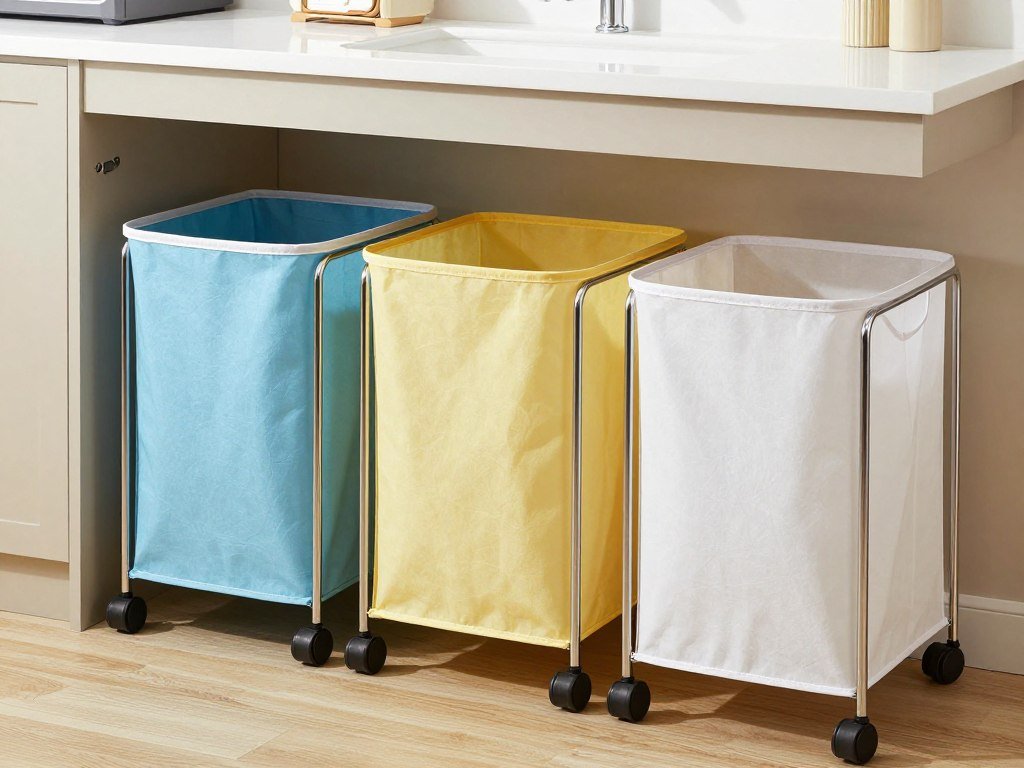 rolling laundry hamper baskets in small laundry room