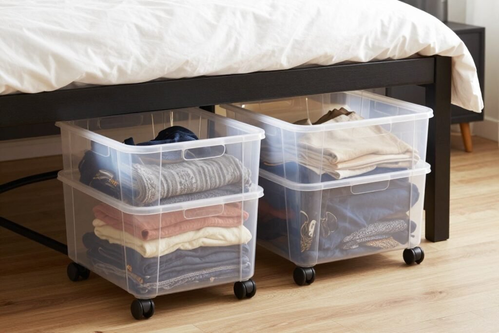 rolling storage bins under bed for easy access to stored items