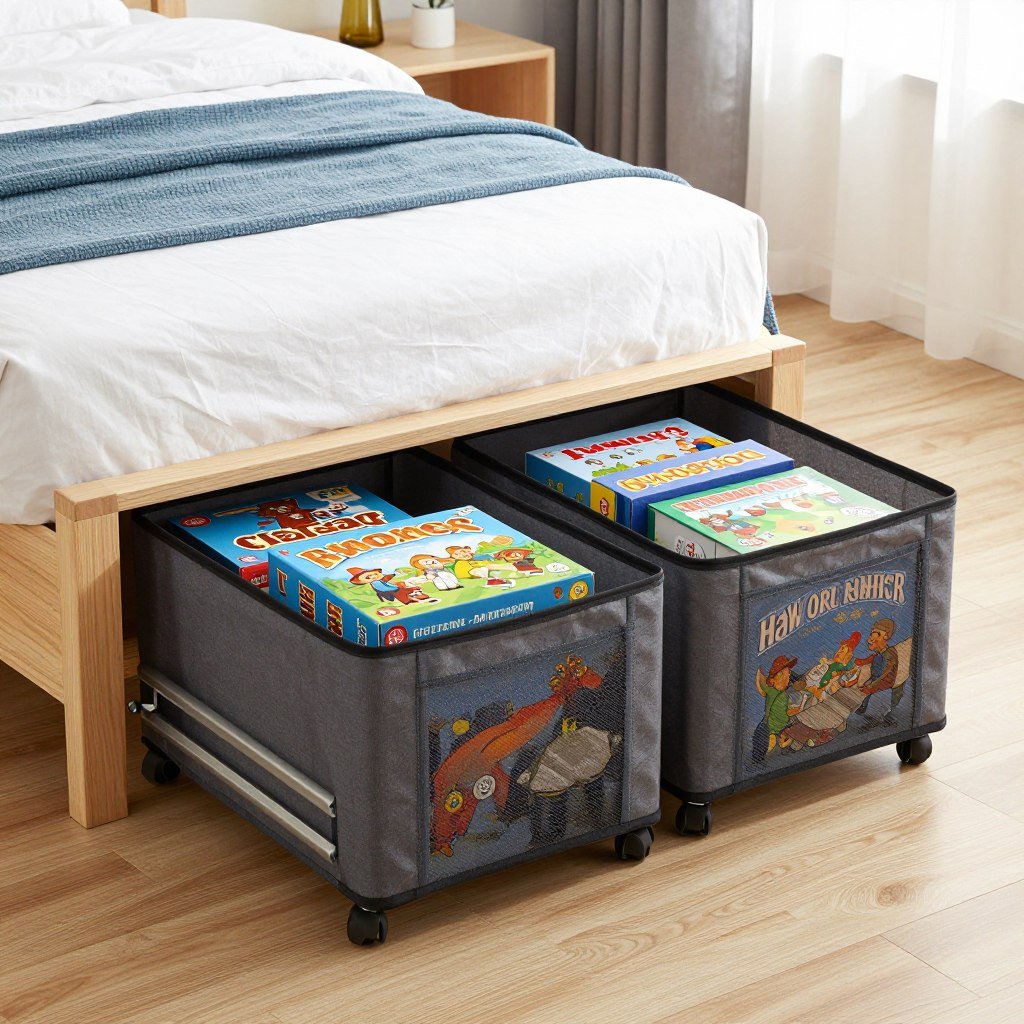 rolling under bed storage with board games