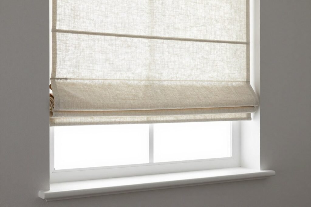 roman shade in neutral color on living room window