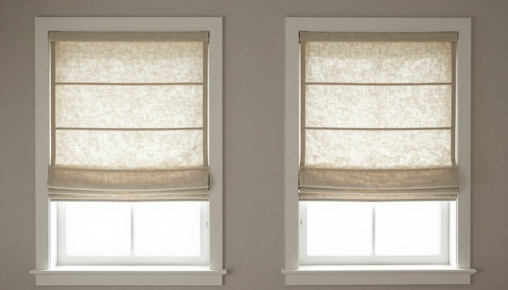 roman shades in neutral fabric on guest bedroom windows