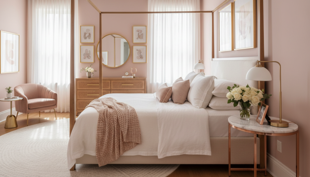 romantic bedroom color palette with soft tones and warm accents