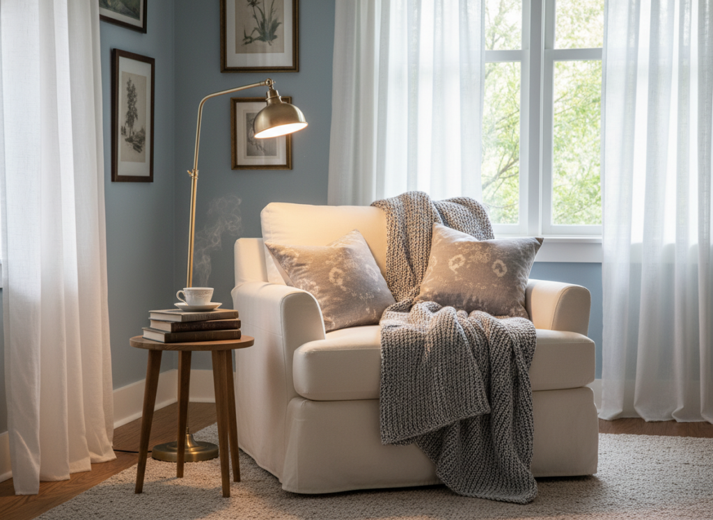 romantic bedroom reading nook with comfortable chair and soft lighting