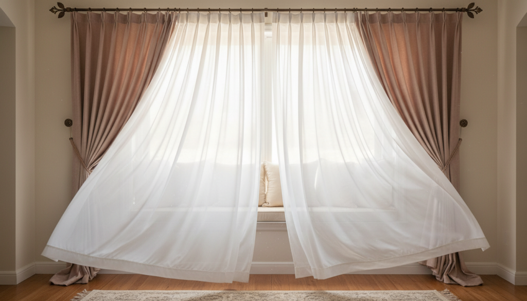 romantic bedroom with elegant curtains and window treatments
