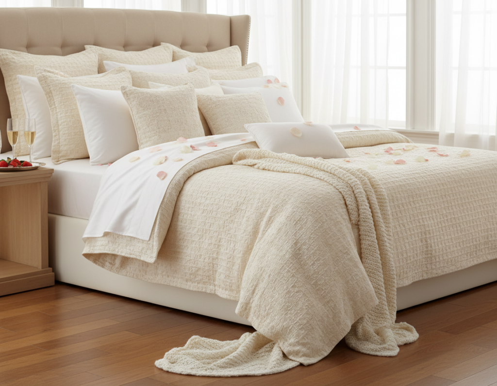 romantic bedroom with layered bedding textures and plush pillows