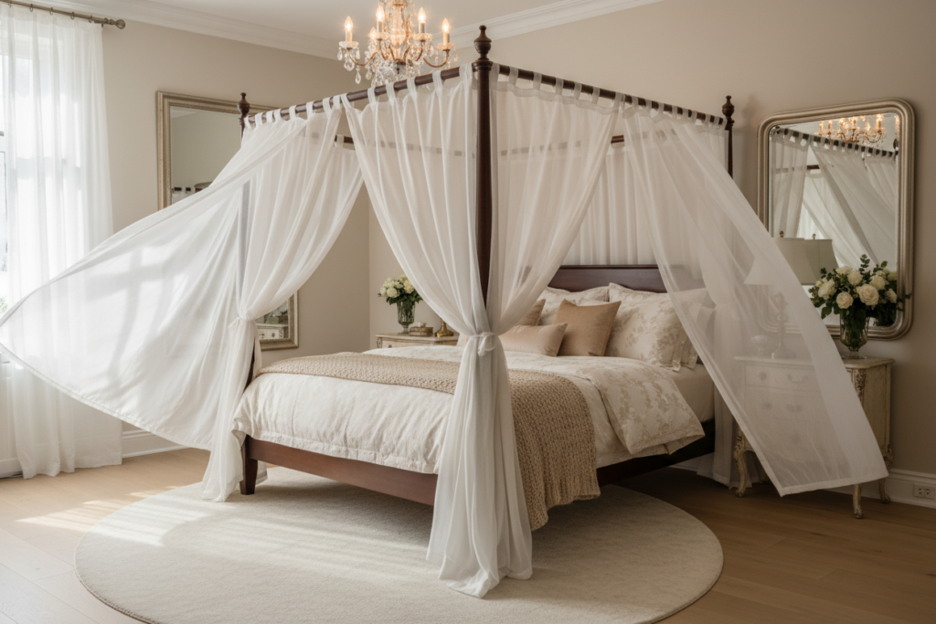romantic canopy bed with flowing curtains creating intimate space