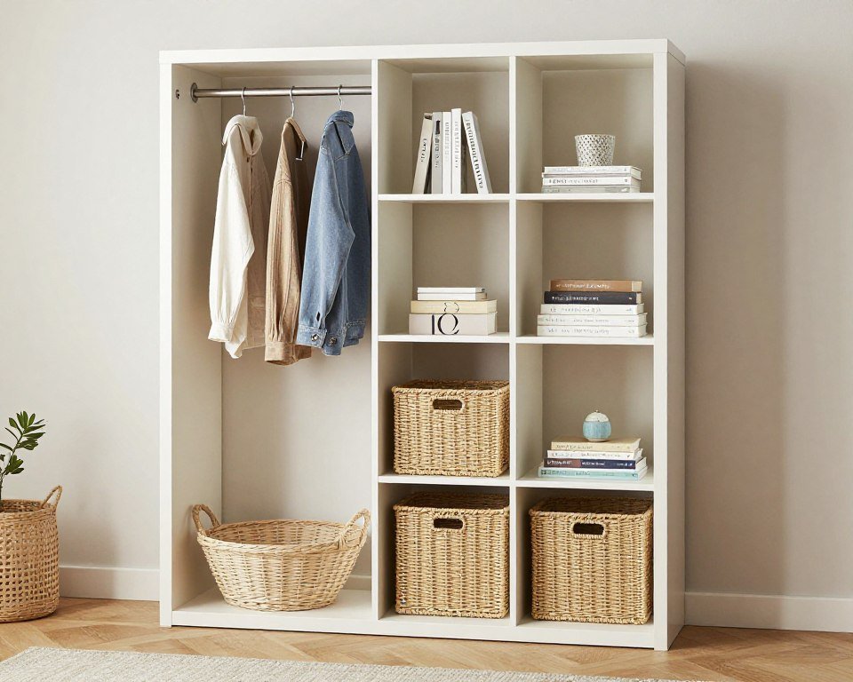 room divider with integrated clothing storage creating separate zones