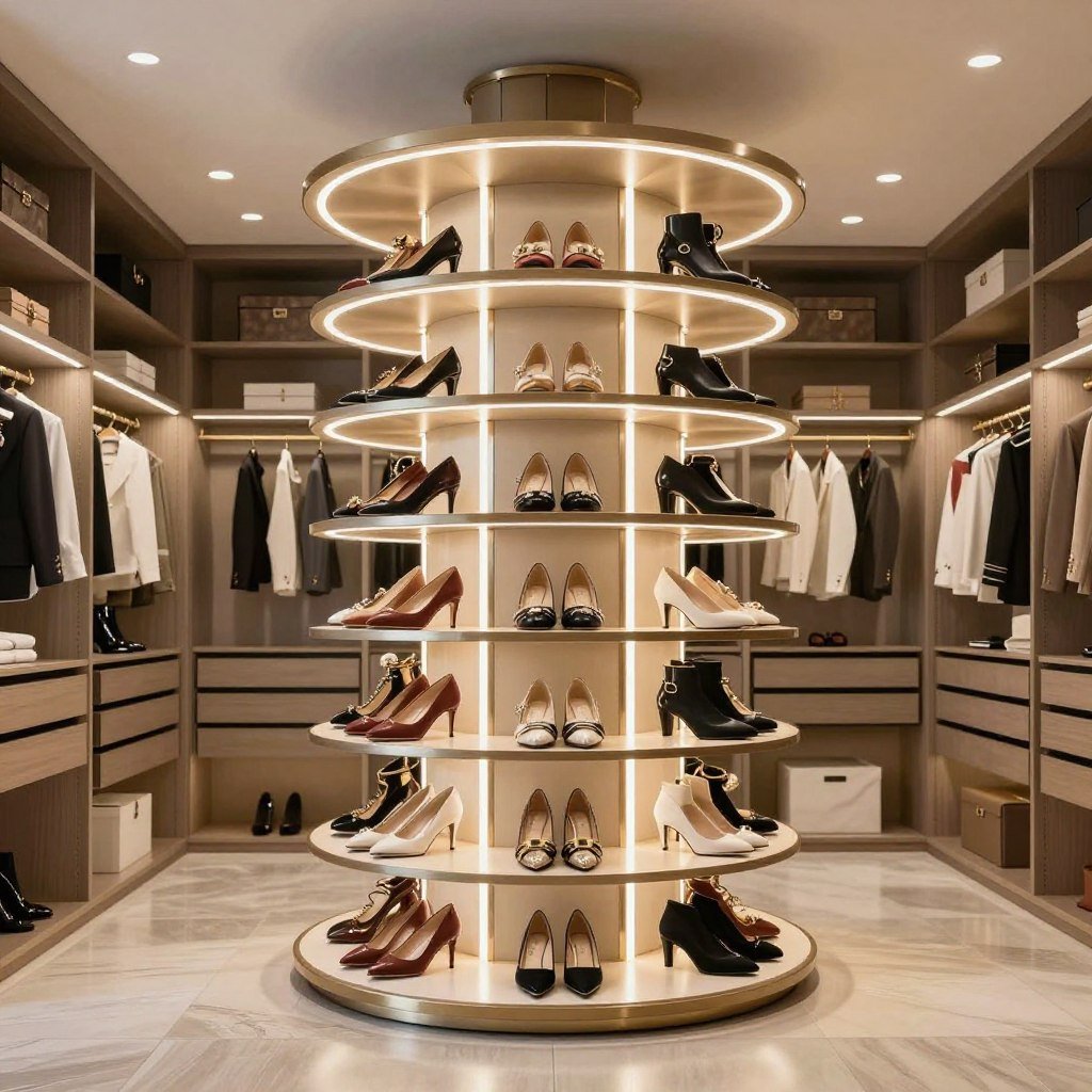 rotating shoe carousel in walk-in closet
