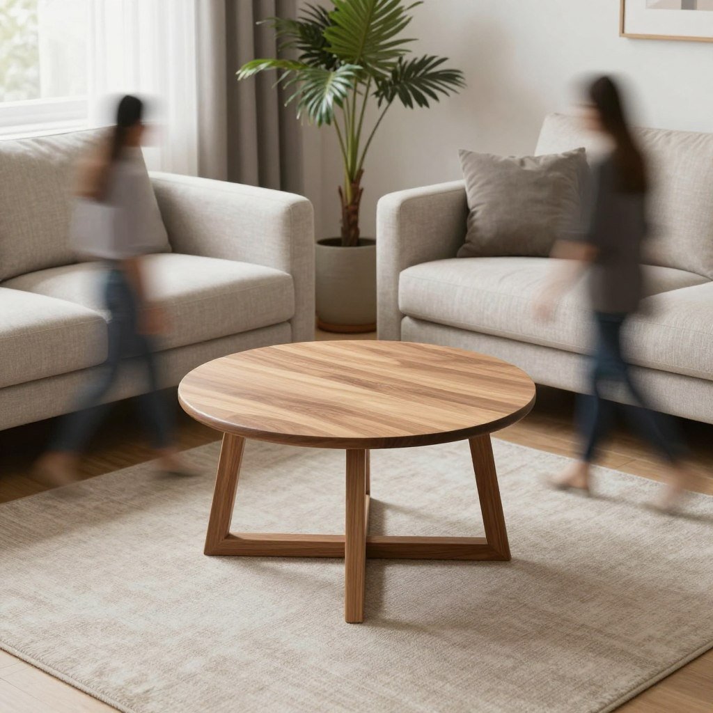 round coffee table in center of small living room