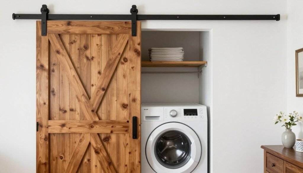 rustic sliding barn door on laundry closet with top load washer visible inside small space