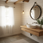 rustic small bathroom ideas with natural wood vanity and vintage mirror