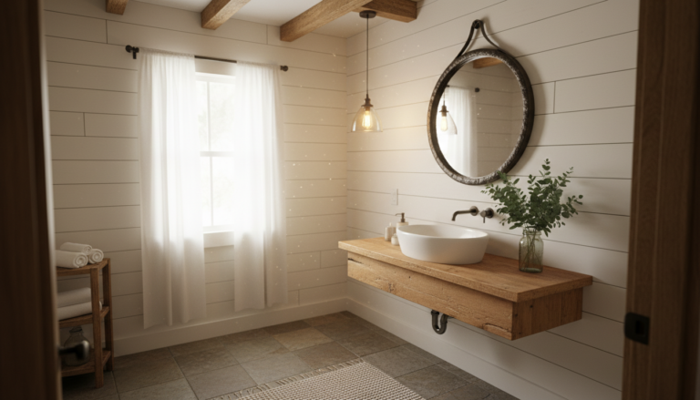rustic small bathroom ideas with natural wood vanity and vintage mirror