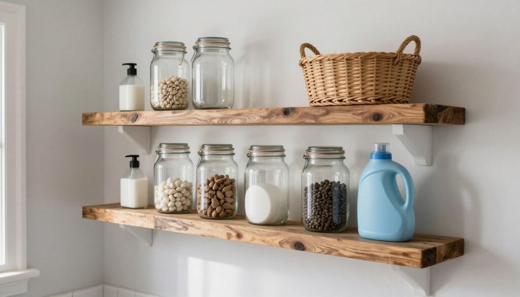 rustic wood shelves in farmhouse laundry room