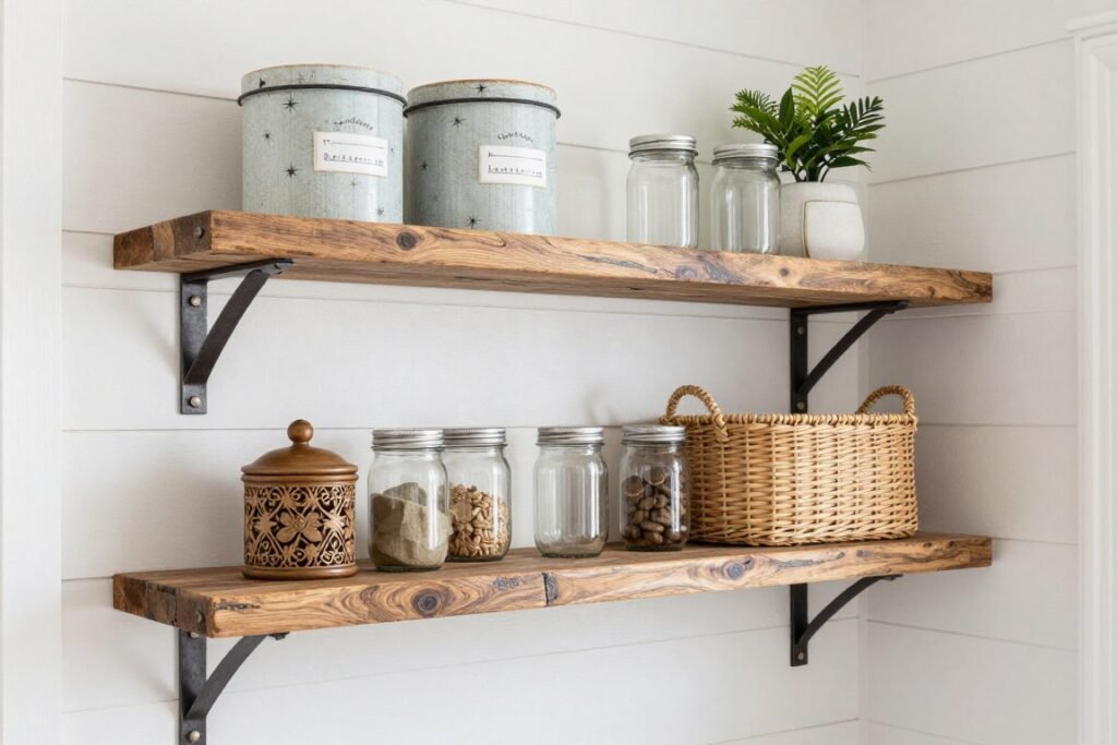 rustic wooden floating shelves with farmhouse style storage containers rustic wooden floating shelves with farmhouse style storage containers