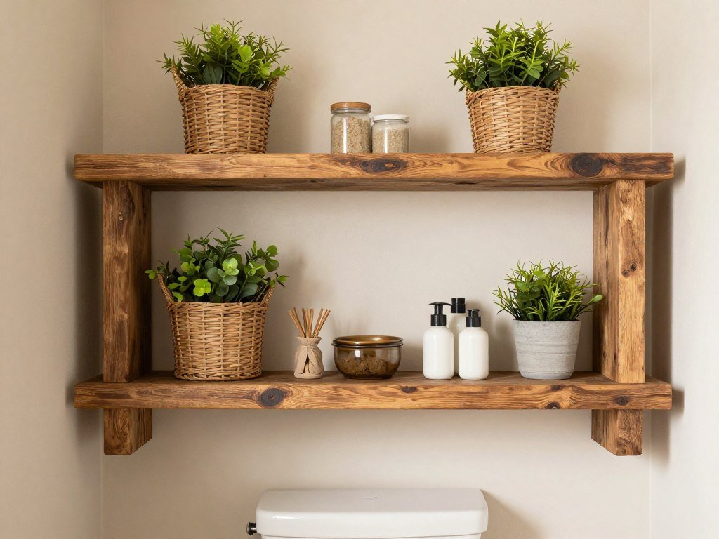 rustic wooden shelves above toilet
