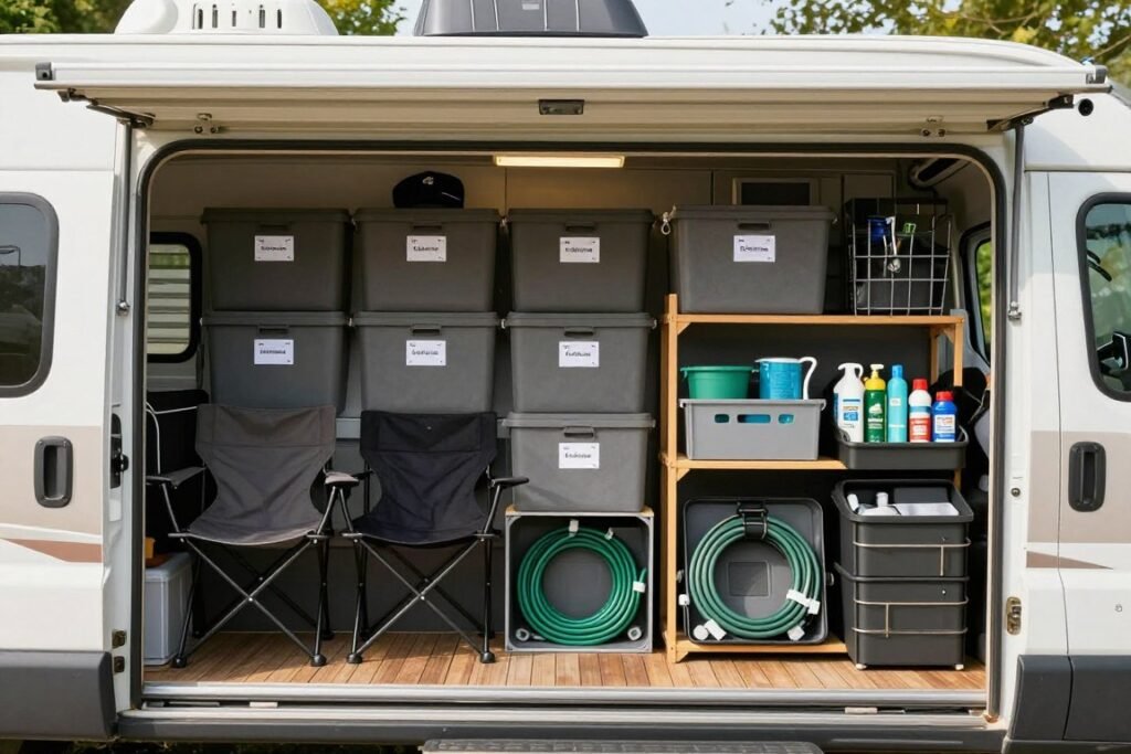 rv exterior storage compartment organized with camping gear