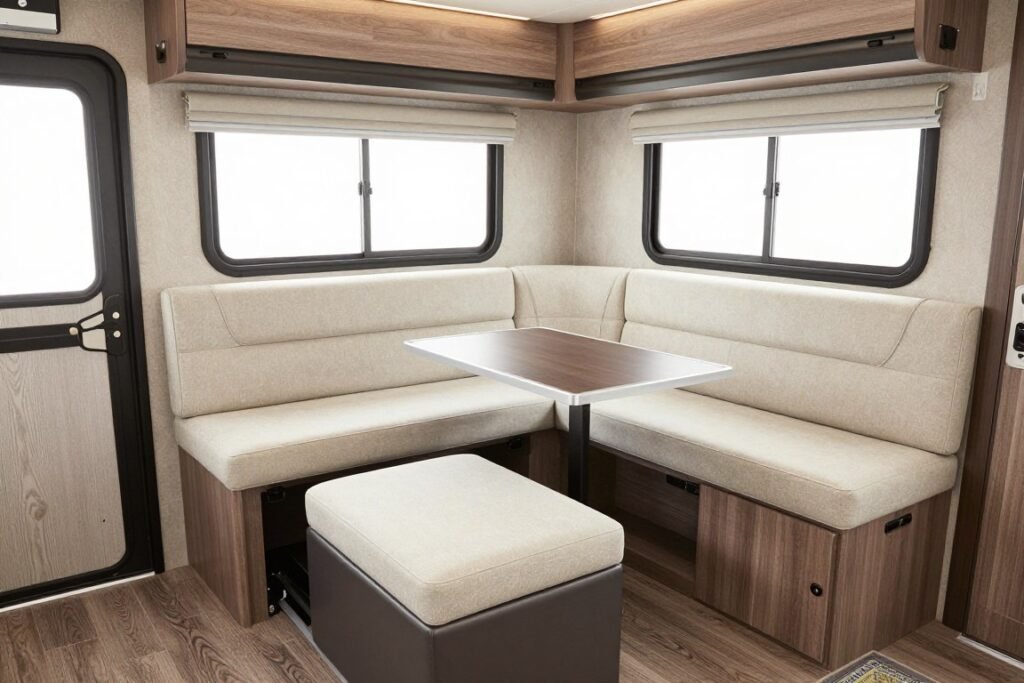 rv interior with multifunctional furniture and hidden storage