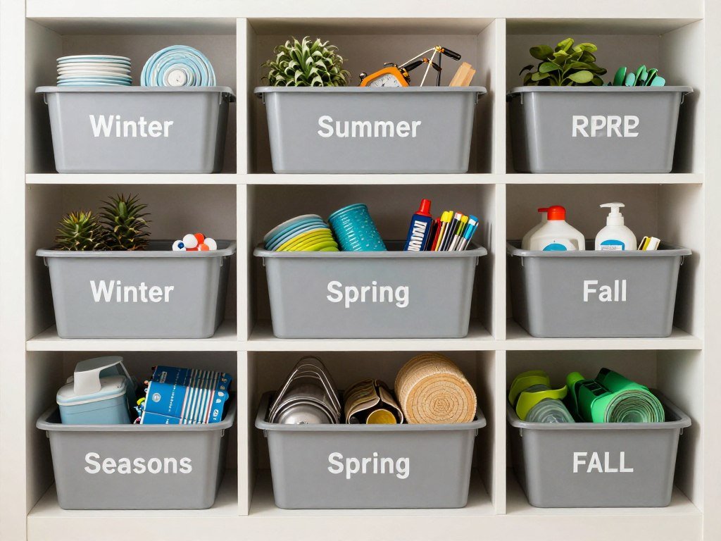 rv storage organized by season with labeled bins