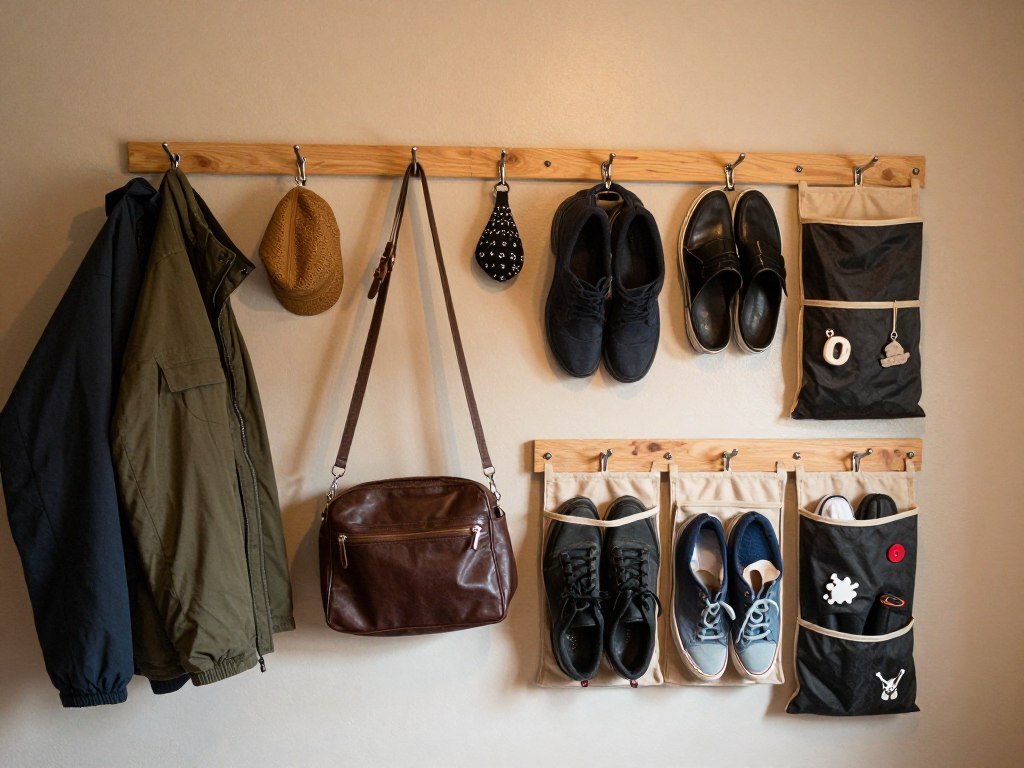rv wall with hooks and hanging storage organizers