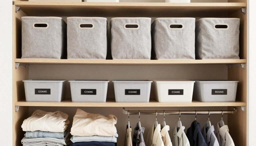 seasonal clothing storage with labeled bins