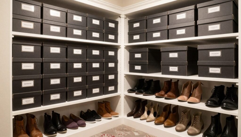 seasonal shoe storage with labeled boxes organized by season
