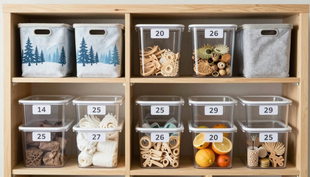 seasonal storage bins labeled and organized