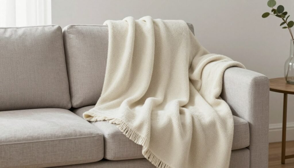 seasonal throw blanket draped on sofa in small living room