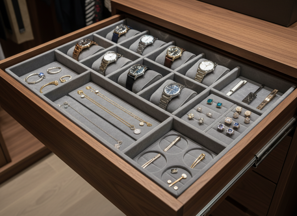 shallow drawer with organized jewelry and accessories in compartments