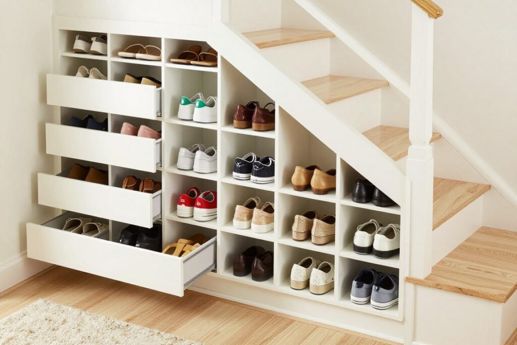 shoe storage cubbies and organizers under stairs