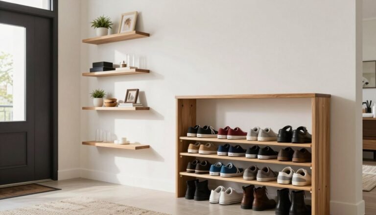 shoe storage ideas in modern entryway with organized footwear display
