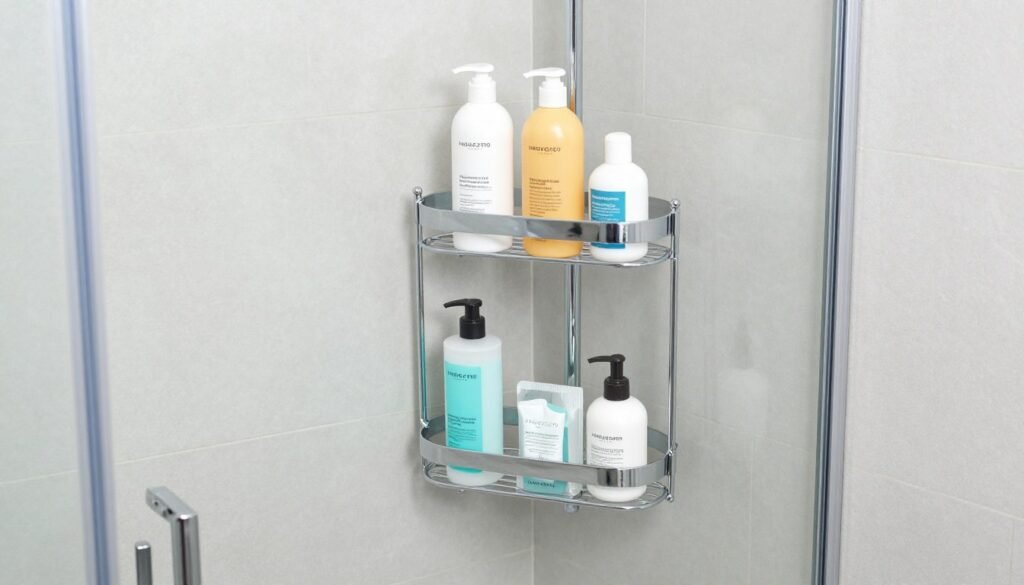 shower caddy and corner shelves for bathroom storage