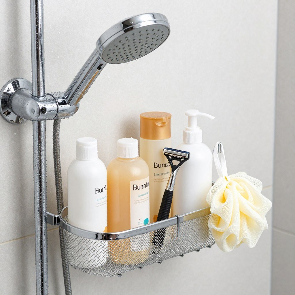 shower caddy hanging over showerhead with organized products