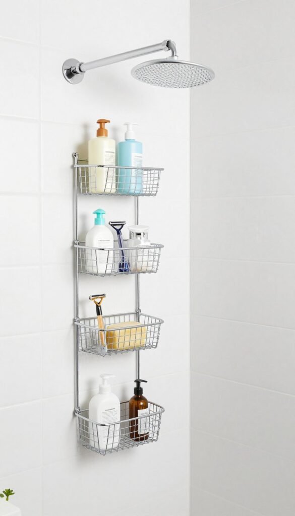 shower tension rod with hanging baskets and organizers