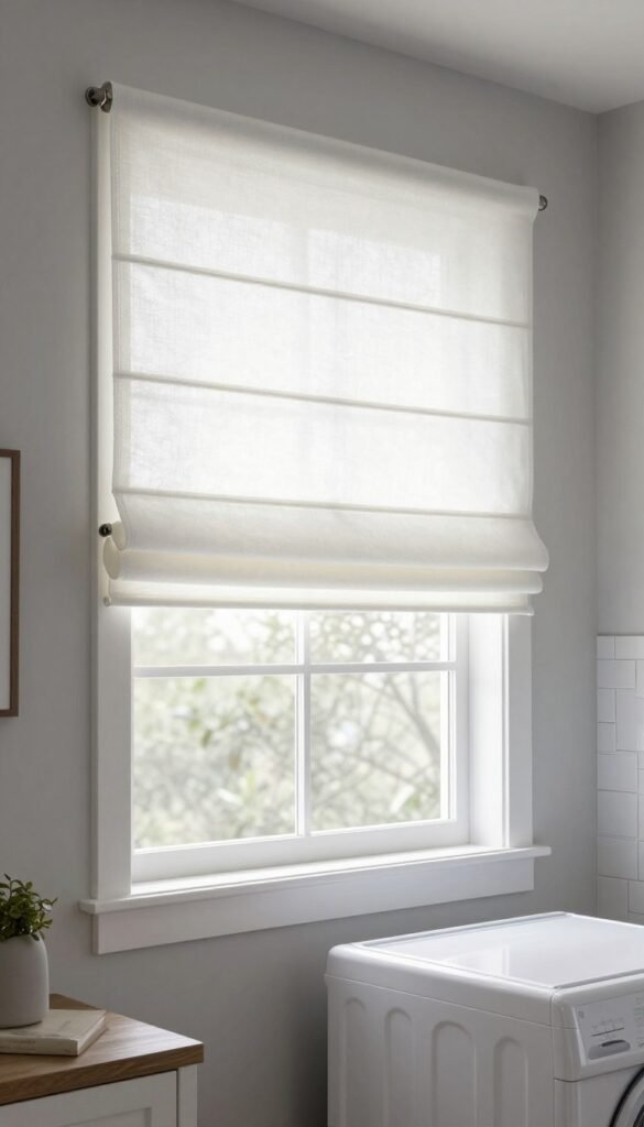 simple white roman shade on laundry room window