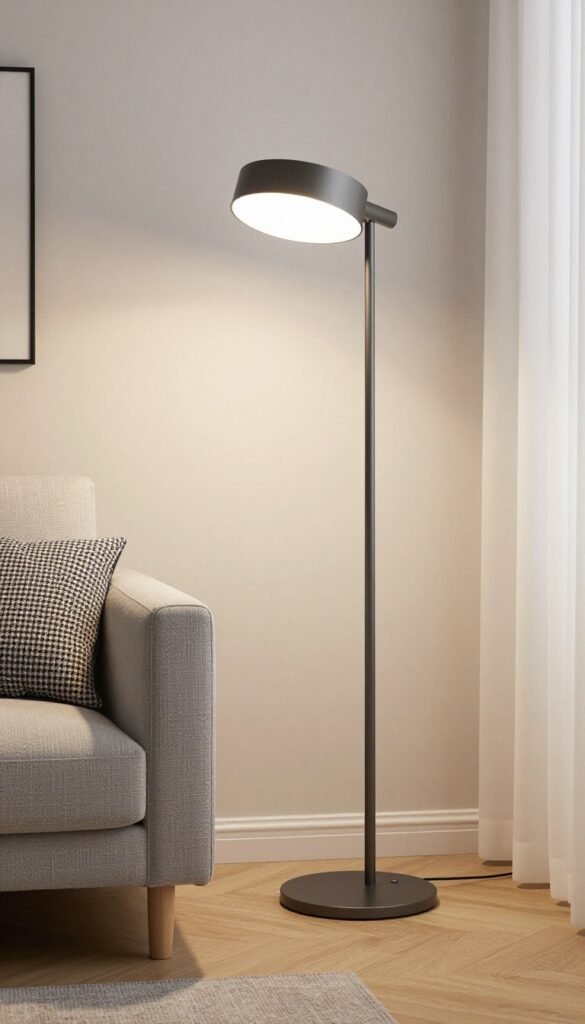 slim floor lamp next to sofa in small living room